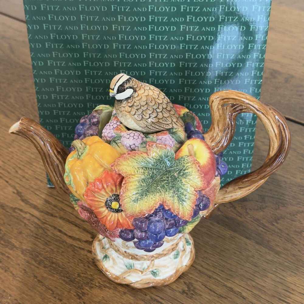 Fitz and Floyd Autumn Bounty Teapot Quail Lid Fall Harvest Ceramic Vintage W/Box